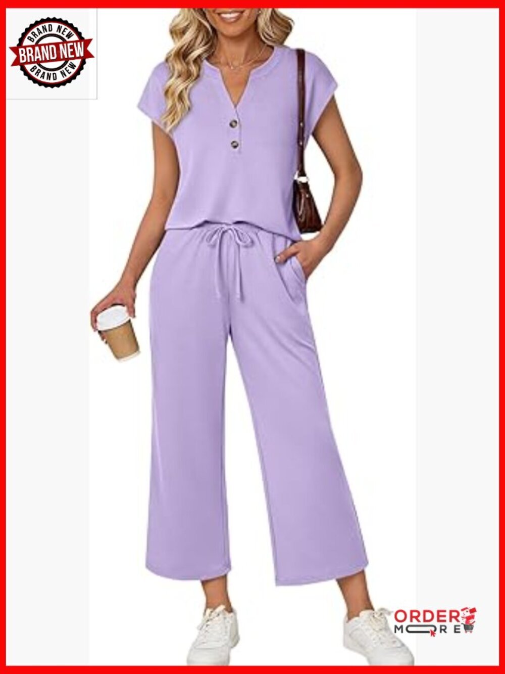 Two Piece Lounge Set V Neck Top Wide Leg Pants Casual Travel Outfit